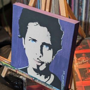 Chris Cornell Original Stencil Painting, Soundgarden Icon, Hand-Painted 8x8 Wood Panel, Purple Rock Art
