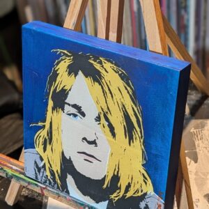 Kurt Cobain Original Stencil Painting, Nirvana Icon, Hand-Painted 8x8 Wood Panel, Blue Grunge Art
